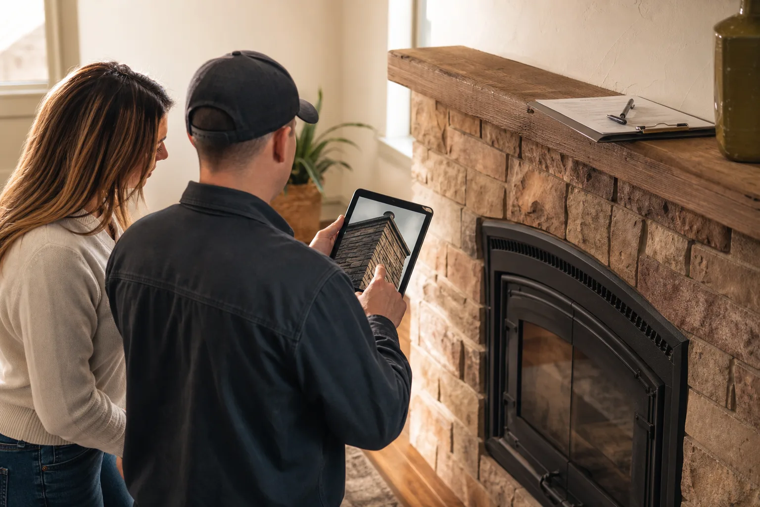 chimney cleaning services professional showing a homeowner flue camera footage on a tablet beside the fireplace