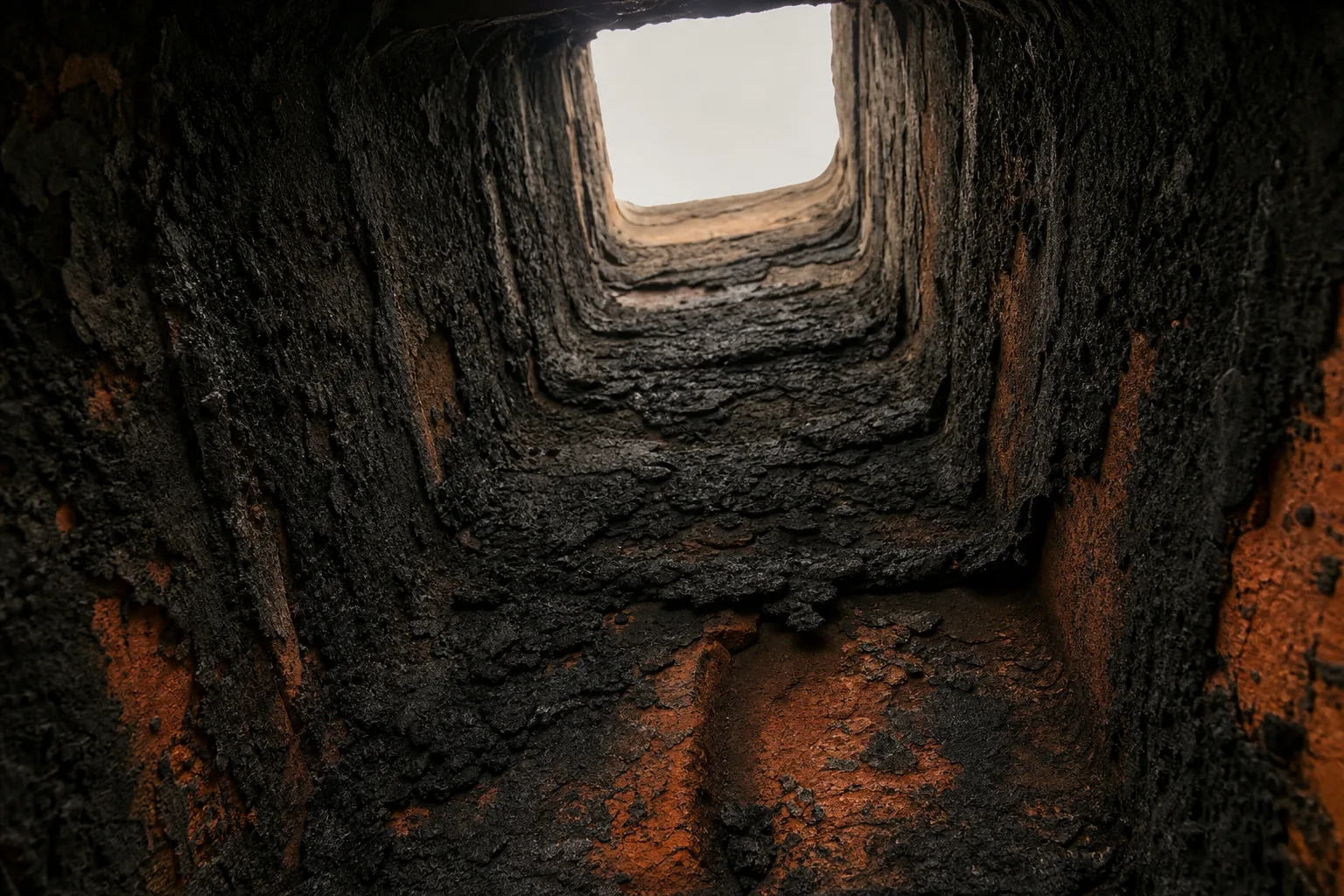 chimney cleaning services before view of a masonry flue interior coated in heavy creosote buildup