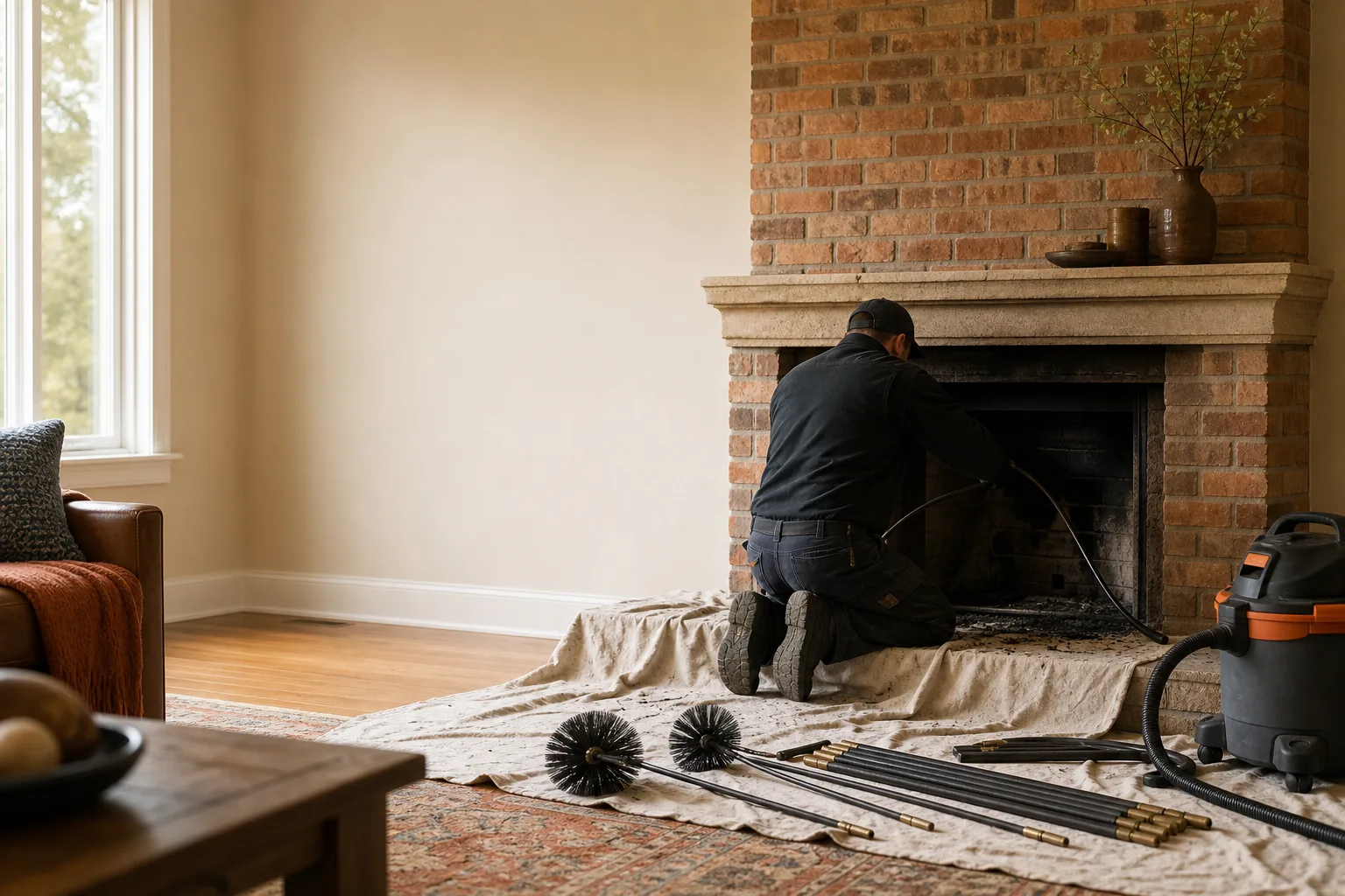 chimney cleaning services technician set up with drop cloths and brushes at a residential brick fireplace