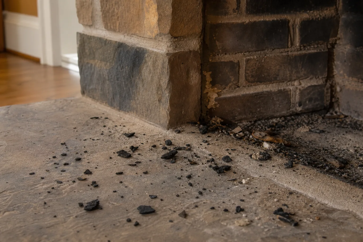chimney cleaning services warning sign of creosote flakes and masonry debris fallen onto a hearth