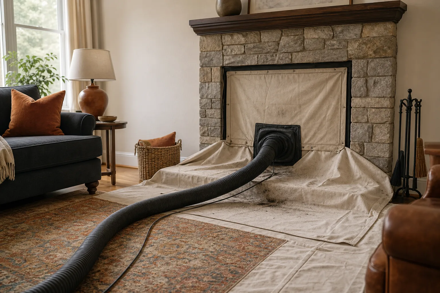 chimney cleaning services containment setup with a sealed fireplace opening and vacuum hose in a living room