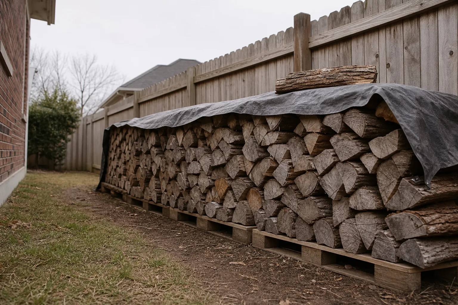 Seasoned firewood in the same yard, gray split faces and cracked ends, stacked off the ground with the top covered