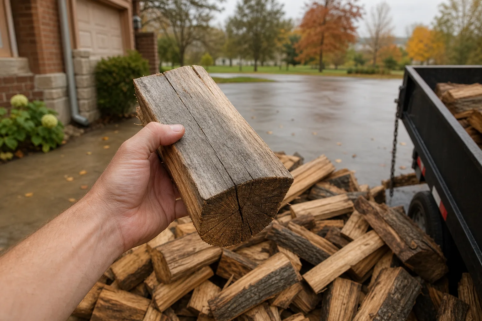 Seasoned firewood being checked by hand, showing the gray split face above a loose delivery pile in a driveway