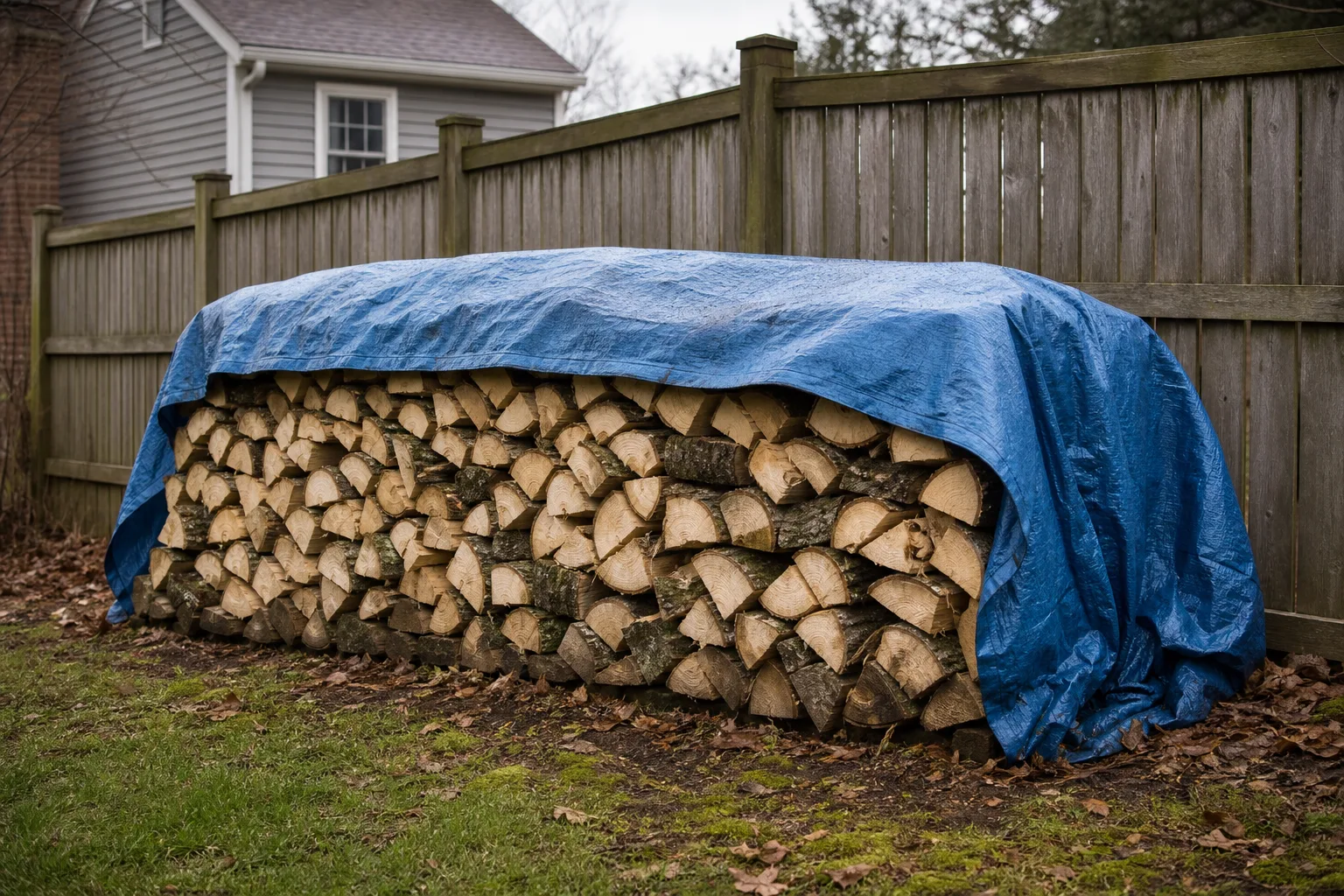 Seasoned firewood compared to green wood, showing pale wet split faces and a tarp wrapped to the ground