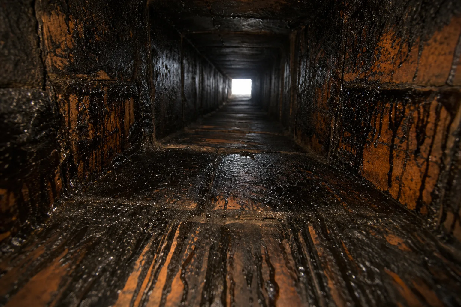 Seasoned firewood prevents this: glazed black creosote coating the clay tile liner inside a chimney flue