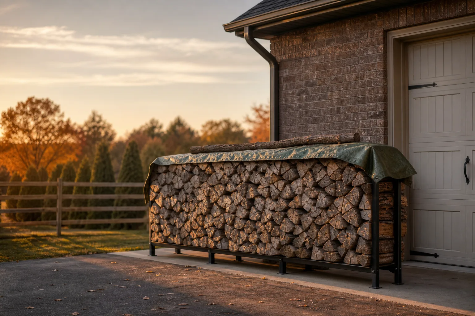Seasoned firewood stacked in a single row on a metal rack with the top covered and the sides open