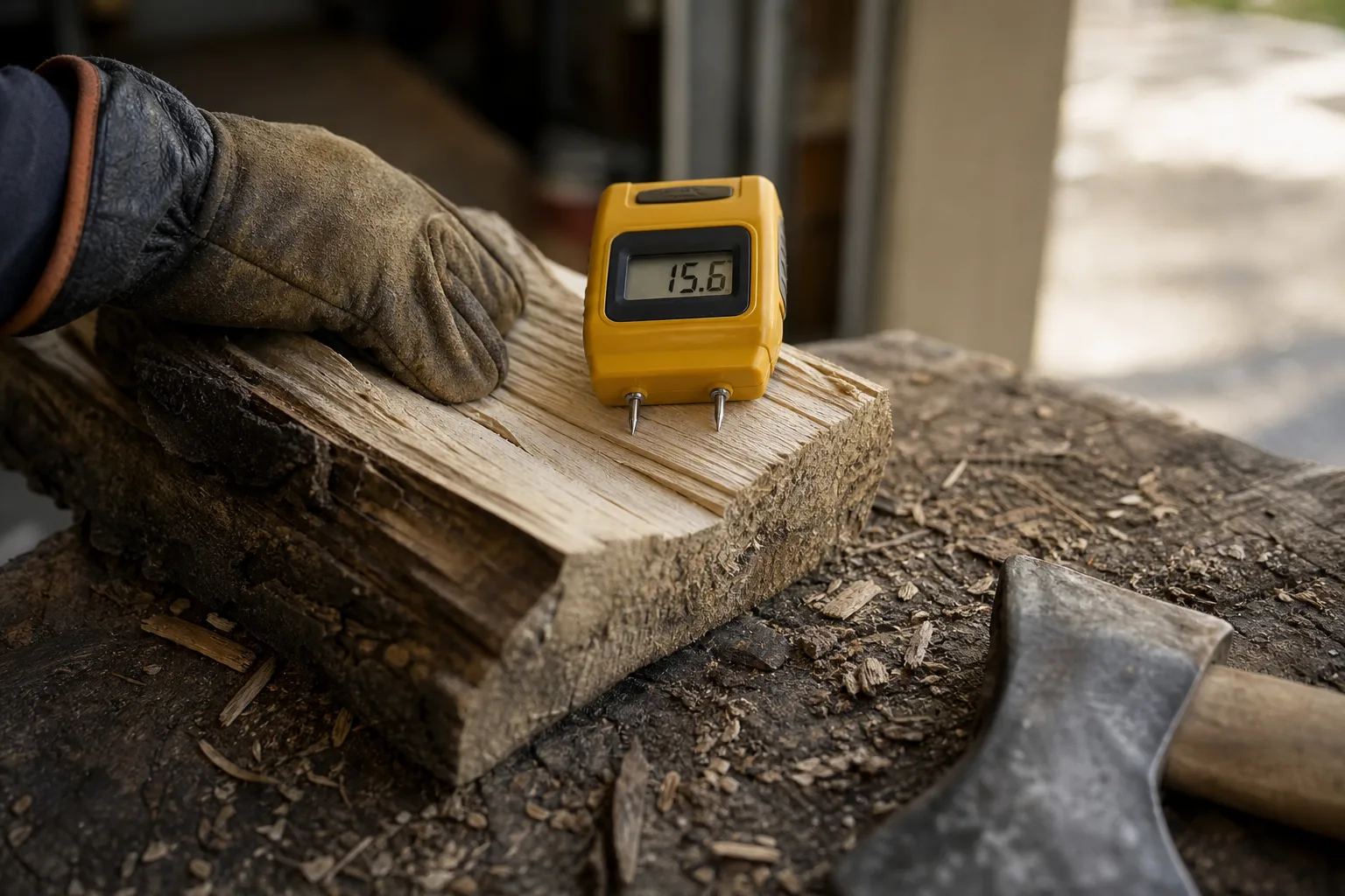 Seasoned firewood being tested with a moisture meter, pins pressed into a freshly split face on a splitting block