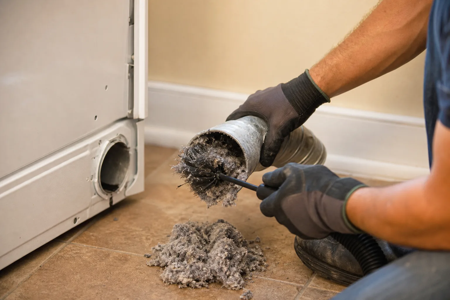 Technician removes compacted lint from a disconnected metal dryer duct