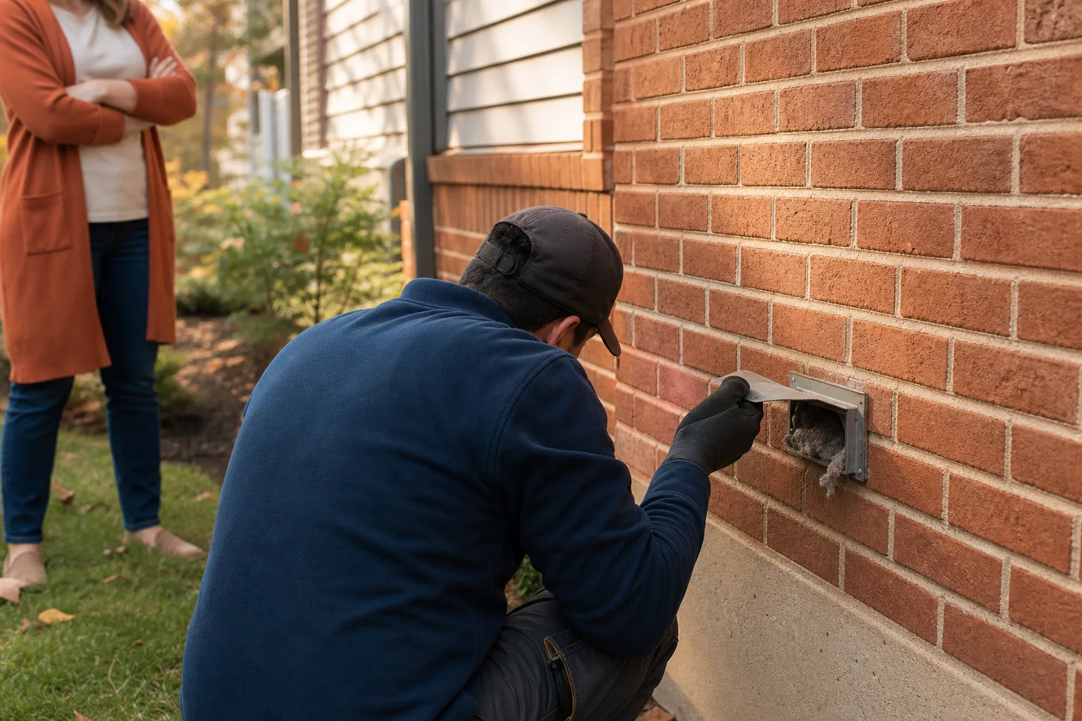 Technician examines lint blocking an exterior dryer vent flap