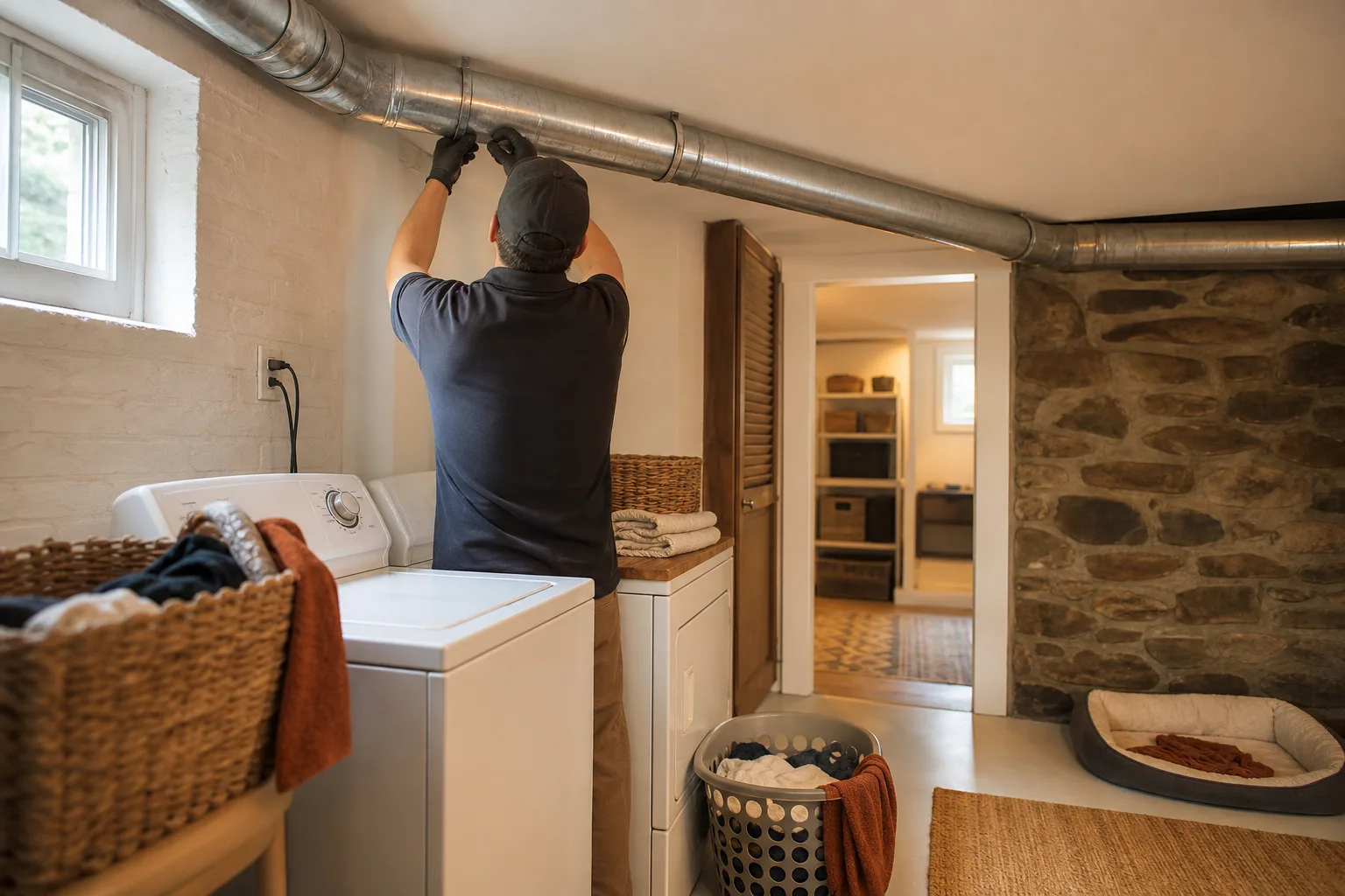 Technician inspects a long dryer duct above a busy laundry area