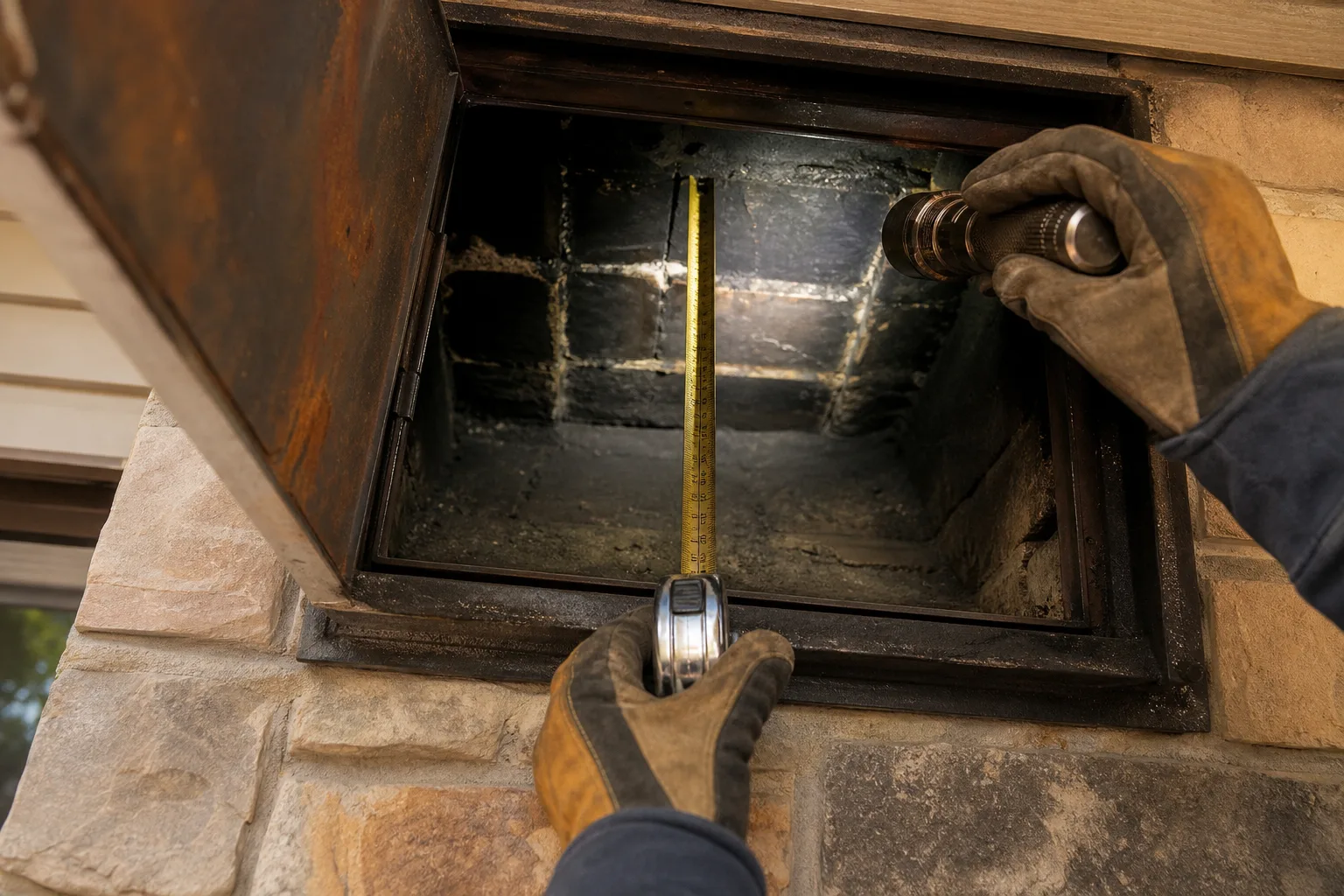 chimney balloon sizing: measuring the flue above the damper with a tape measure