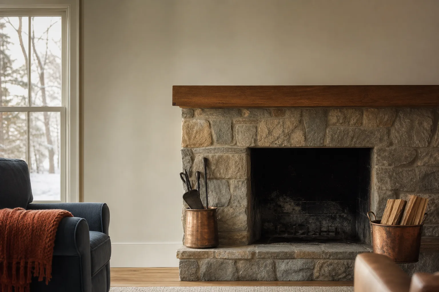 chimney balloon guide: an unused masonry fireplace in a cold winter living room