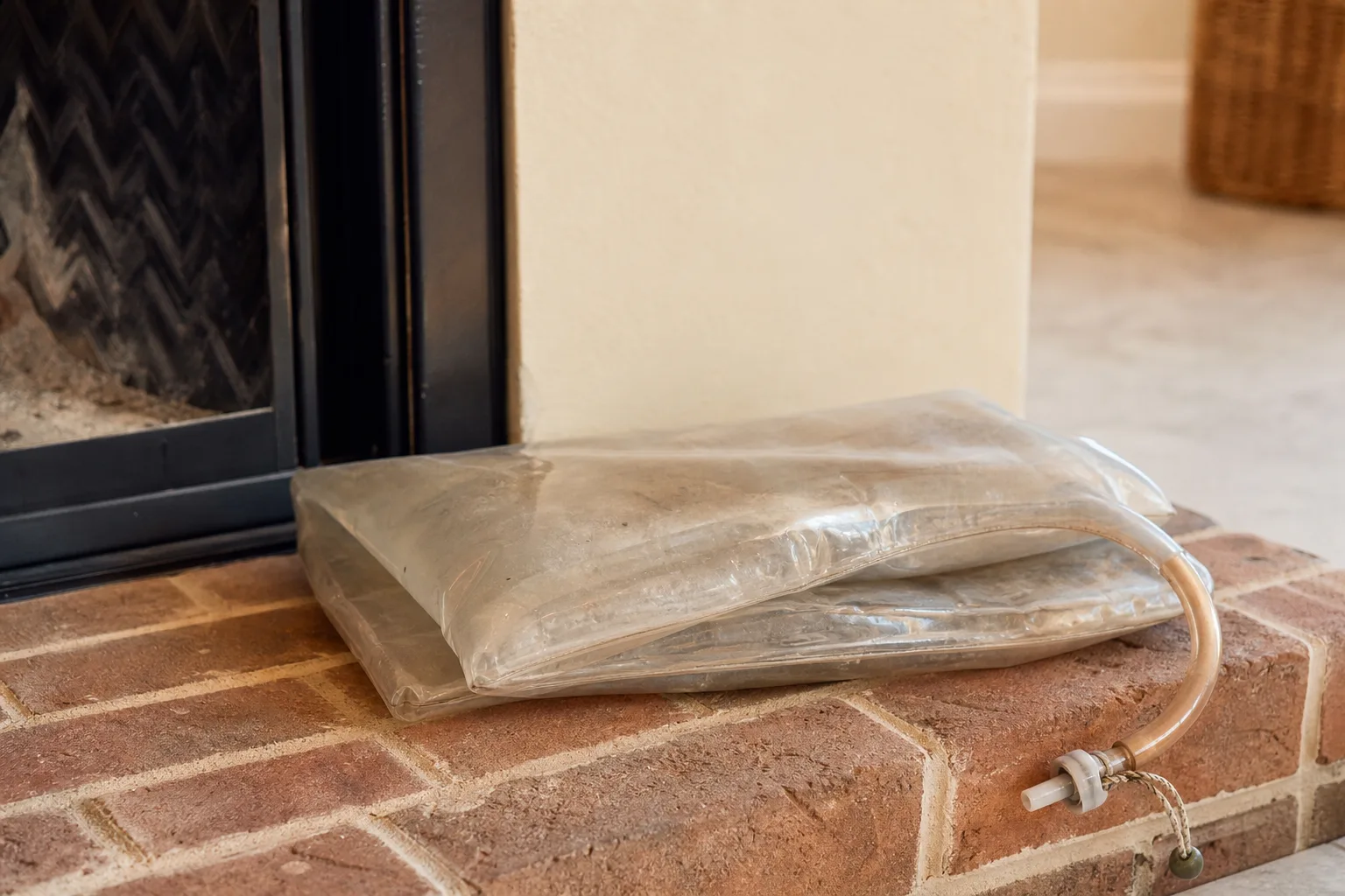 chimney balloon deflated on a brick hearth before installation