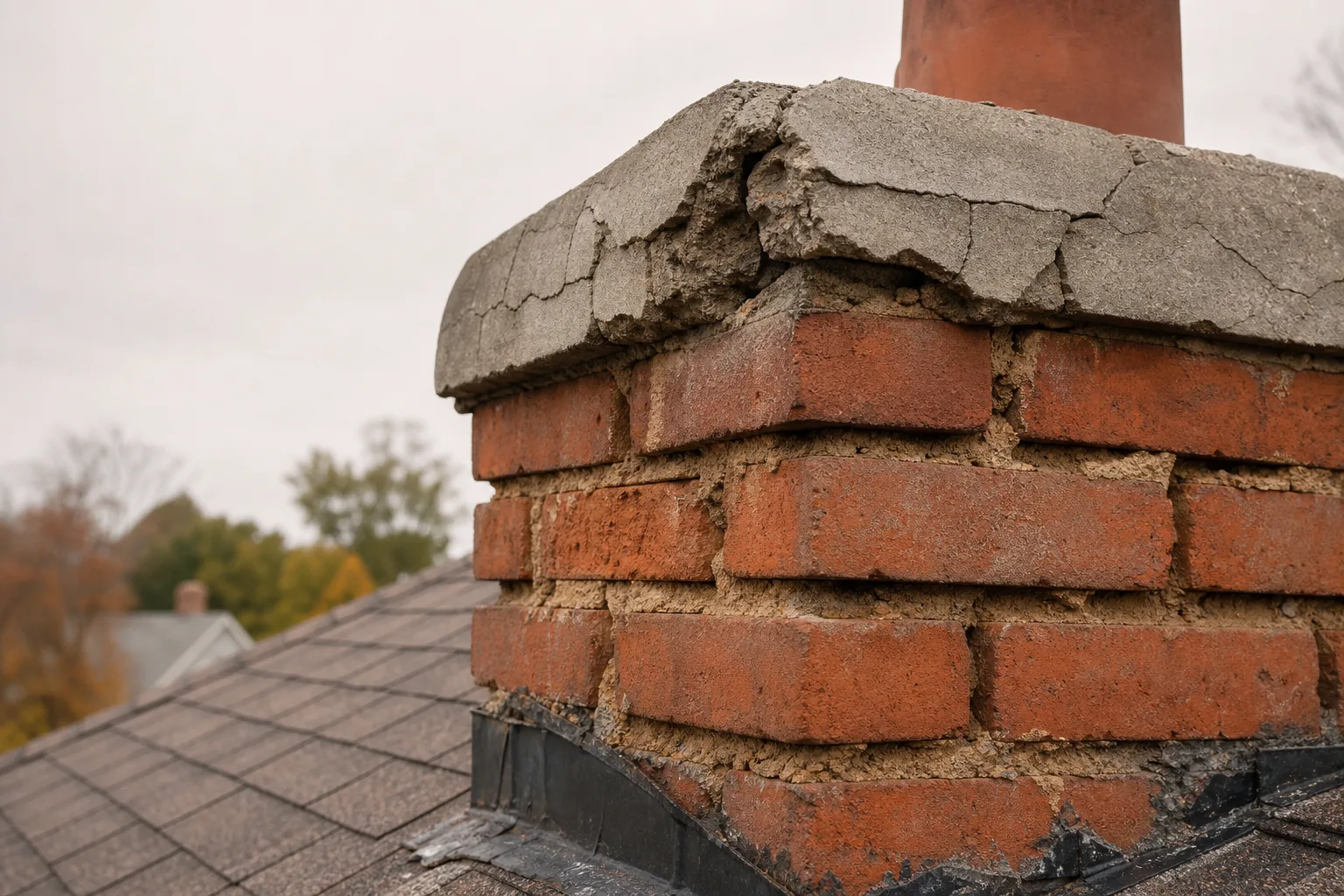 Chimney repair CT before: deteriorated mortar joints and a map-cracked chimney crown in typical worn condition