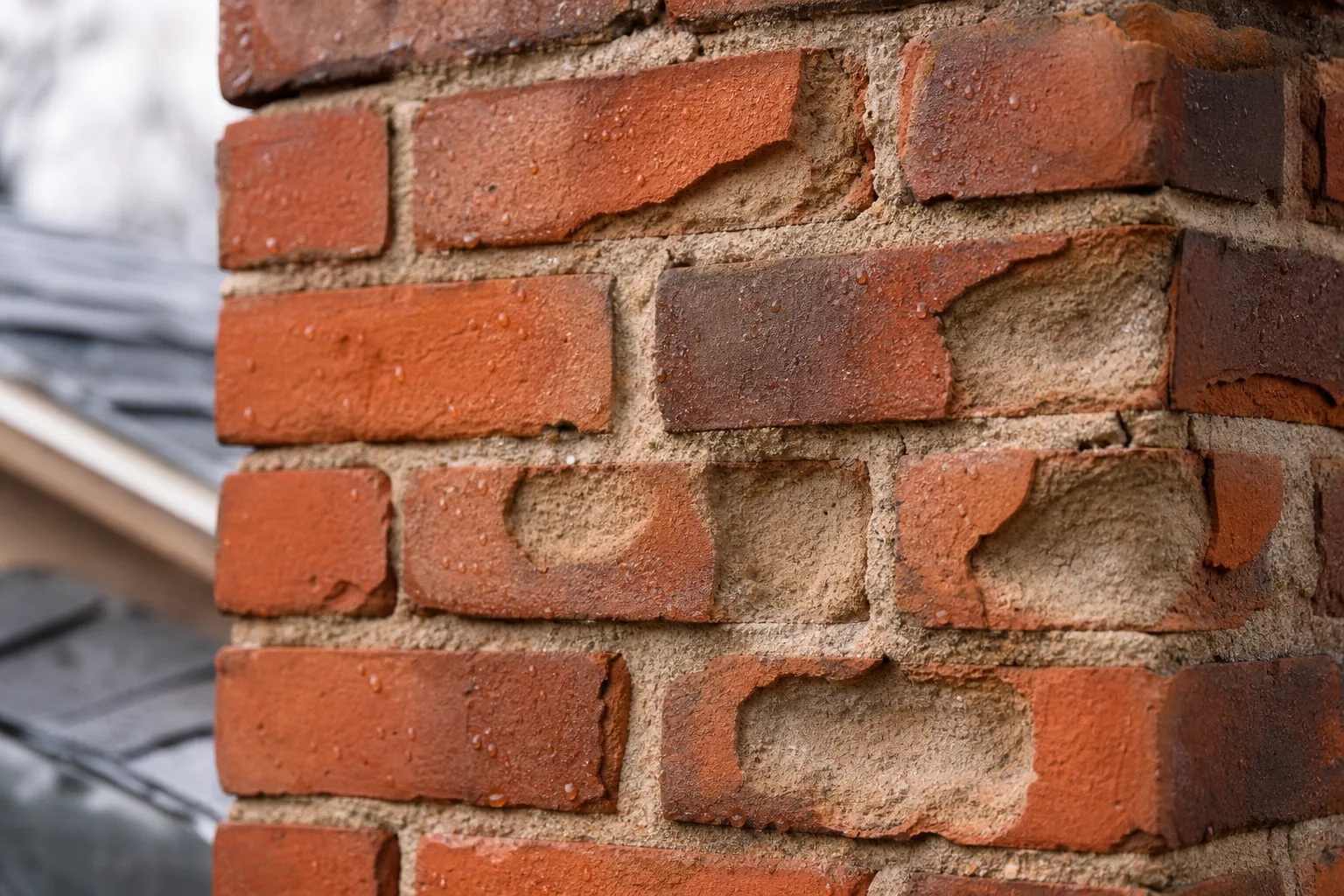 Chimney repair CT: spalled brick faces flaked open on a Connecticut chimney stack