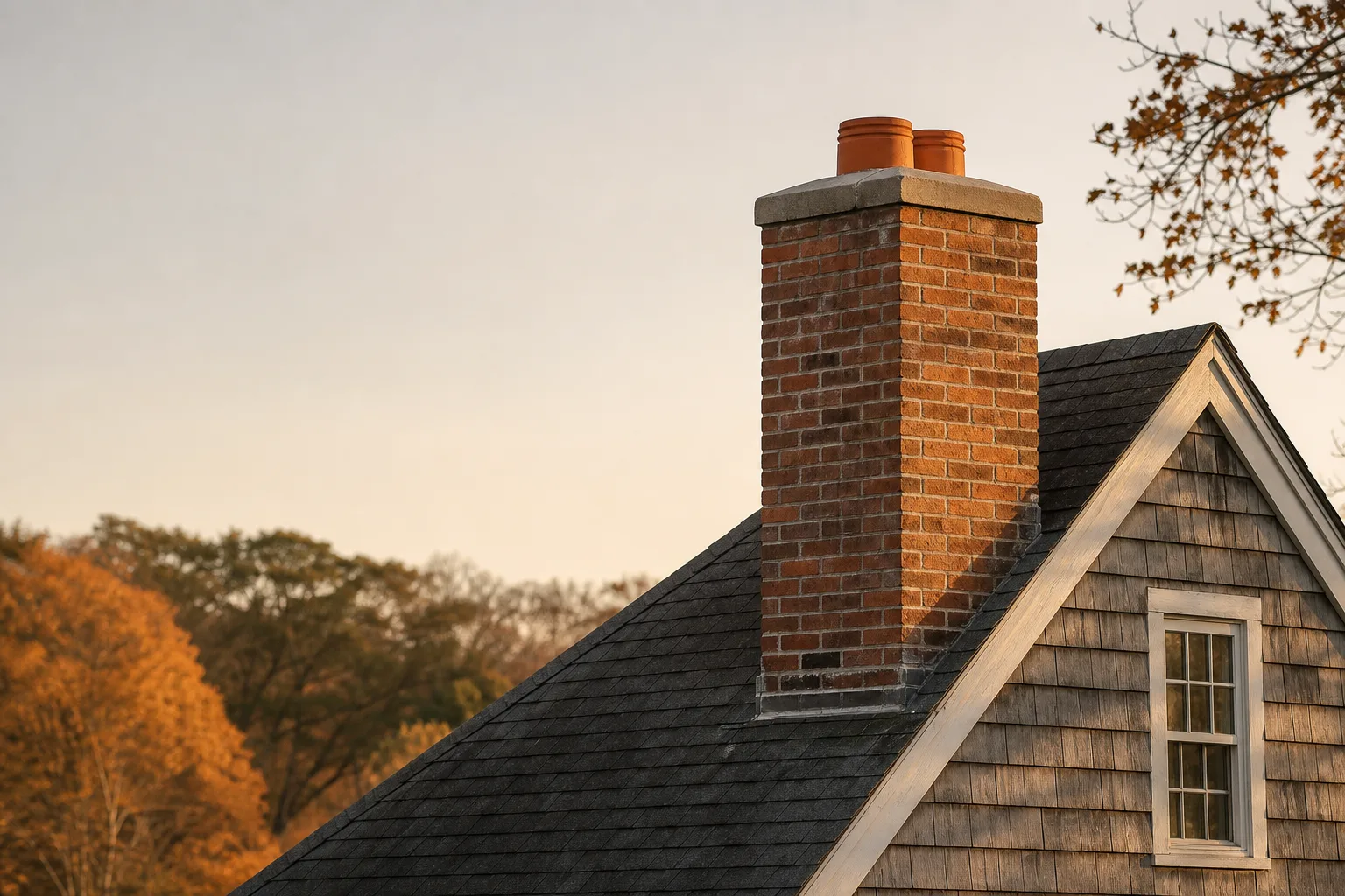 Chimney repair CT: brick chimney and concrete crown on a Connecticut Colonial roof in raking afternoon light