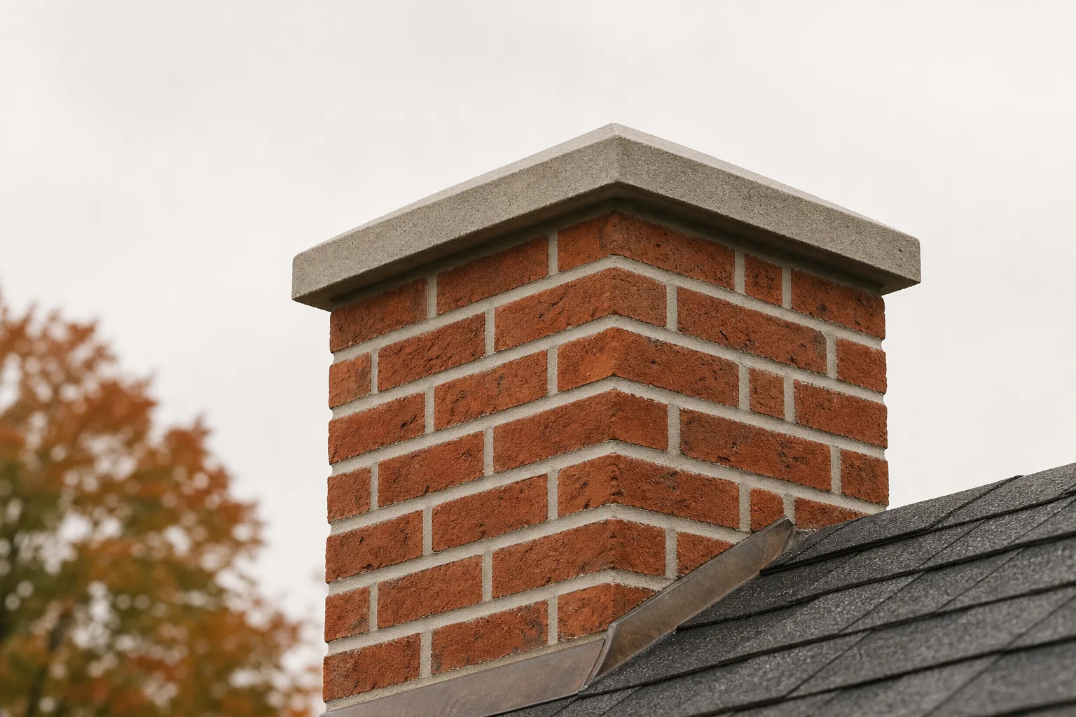 Chimney repair CT after: freshly repointed mortar joints and a sound sloped chimney crown on the same stack