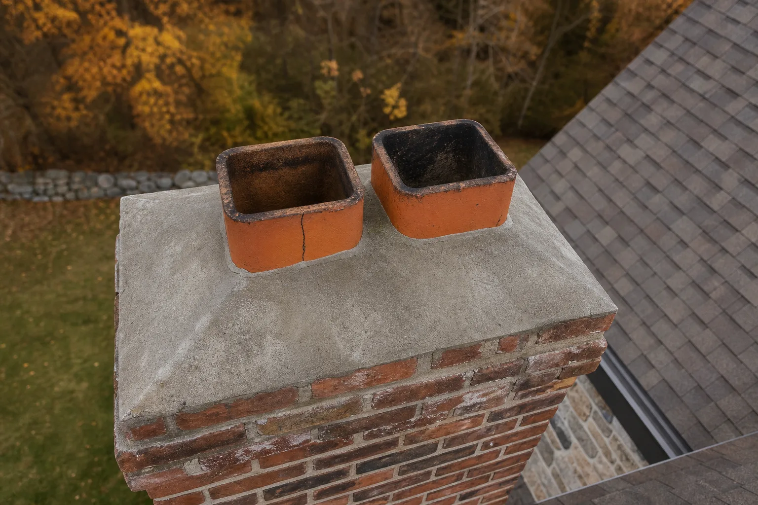 Chimney repair CT: cracked terracotta flue tile seen from above the chimney crown