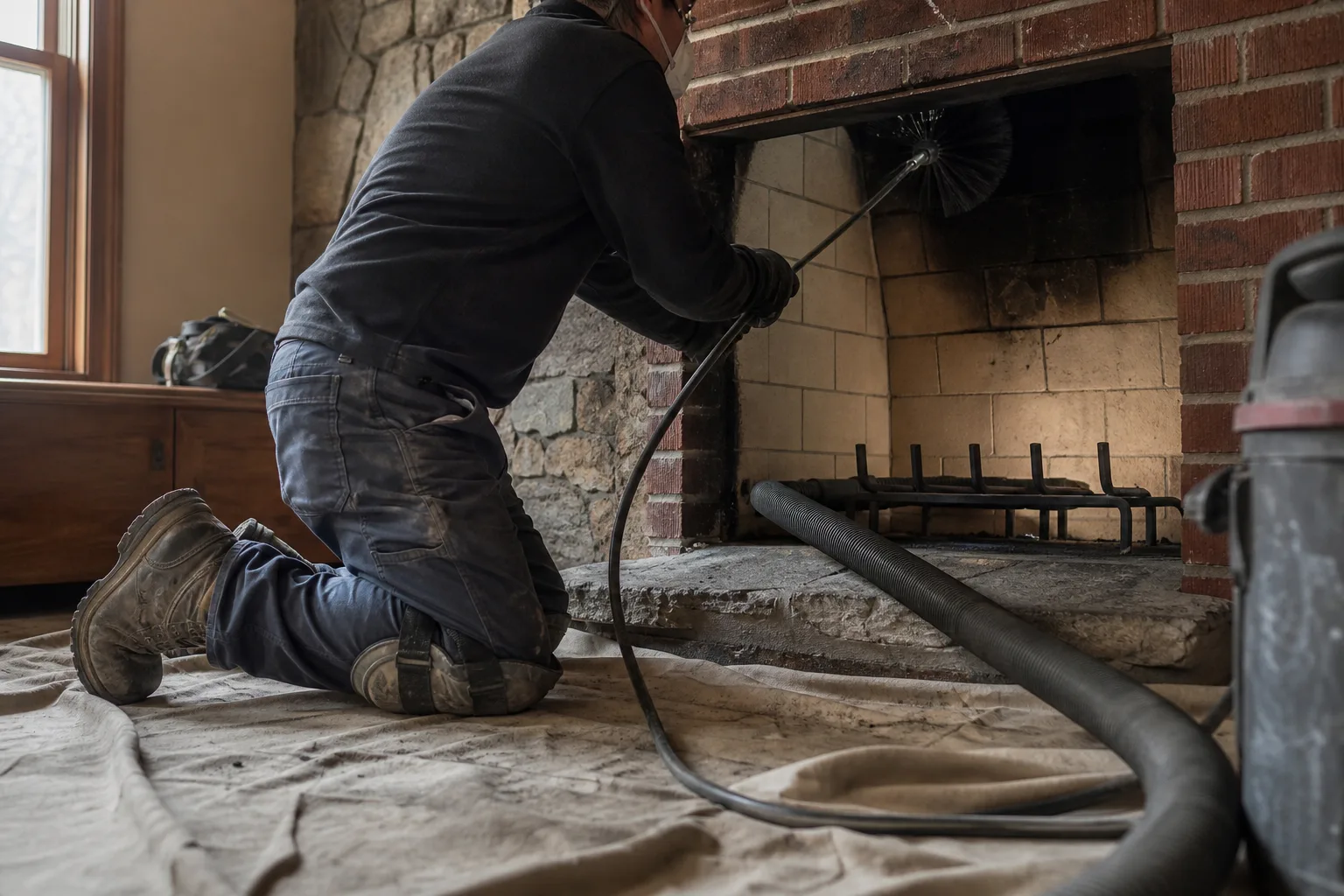 chimney specialists sweeping a flue with sectional rods and a brush head at the firebox opening