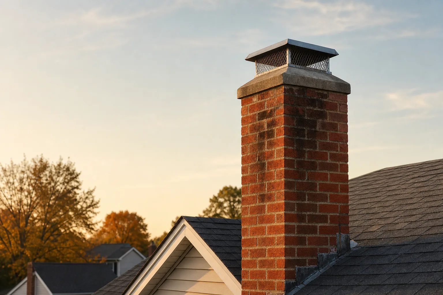 chimney specialists assess masonry stacks like this red brick chimney with its concrete crown and galvanized cap above a shingled roof chimney specialists assess masonry stacks like this red brick chimney with its concrete crown and galvanized cap above a shingled roof