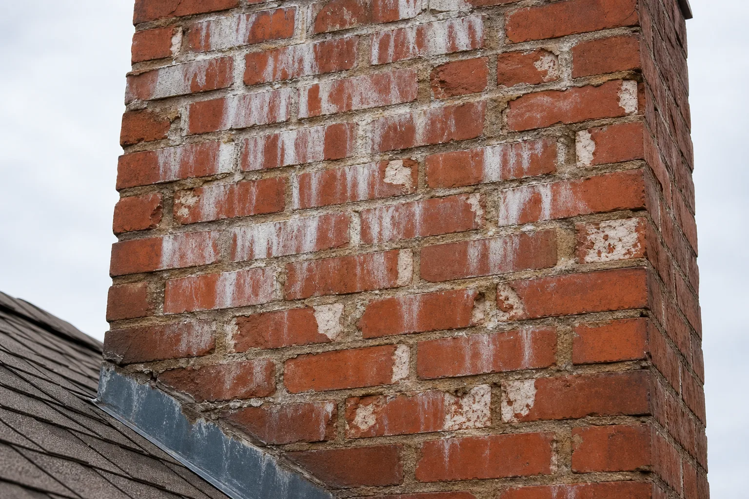 chimney specialists evaluate masonry damage like this spalling brick and white efflorescence on a chimney stack