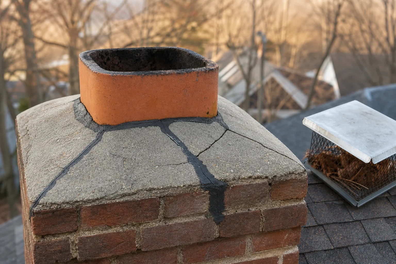 chimney specialists check the crown and flue tile at the top of the stack where water damage and cap problems begin