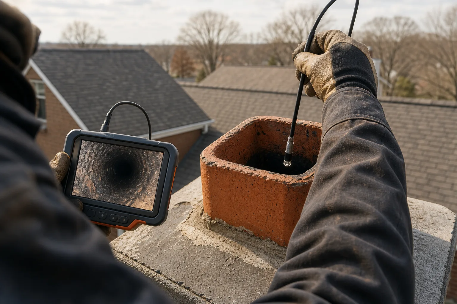 chimney specialists running a video scan of a flue interior with an inspection camera at the top of the clay tile