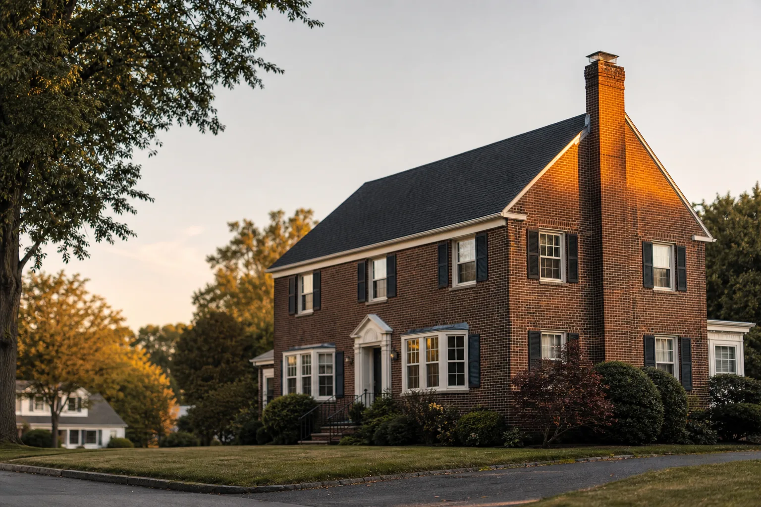 chimney specialists serve houses like this brick colonial where the stack and its roof flashing are visible from the yard