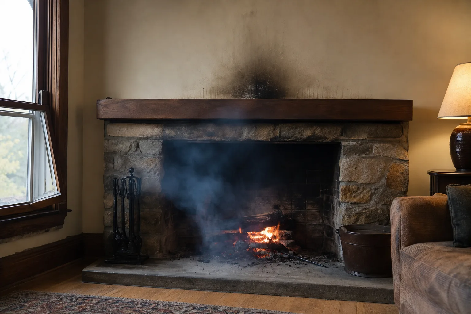 on duty chimney warning sign: smoke backing out of a firebox and staining the wall above the mantel