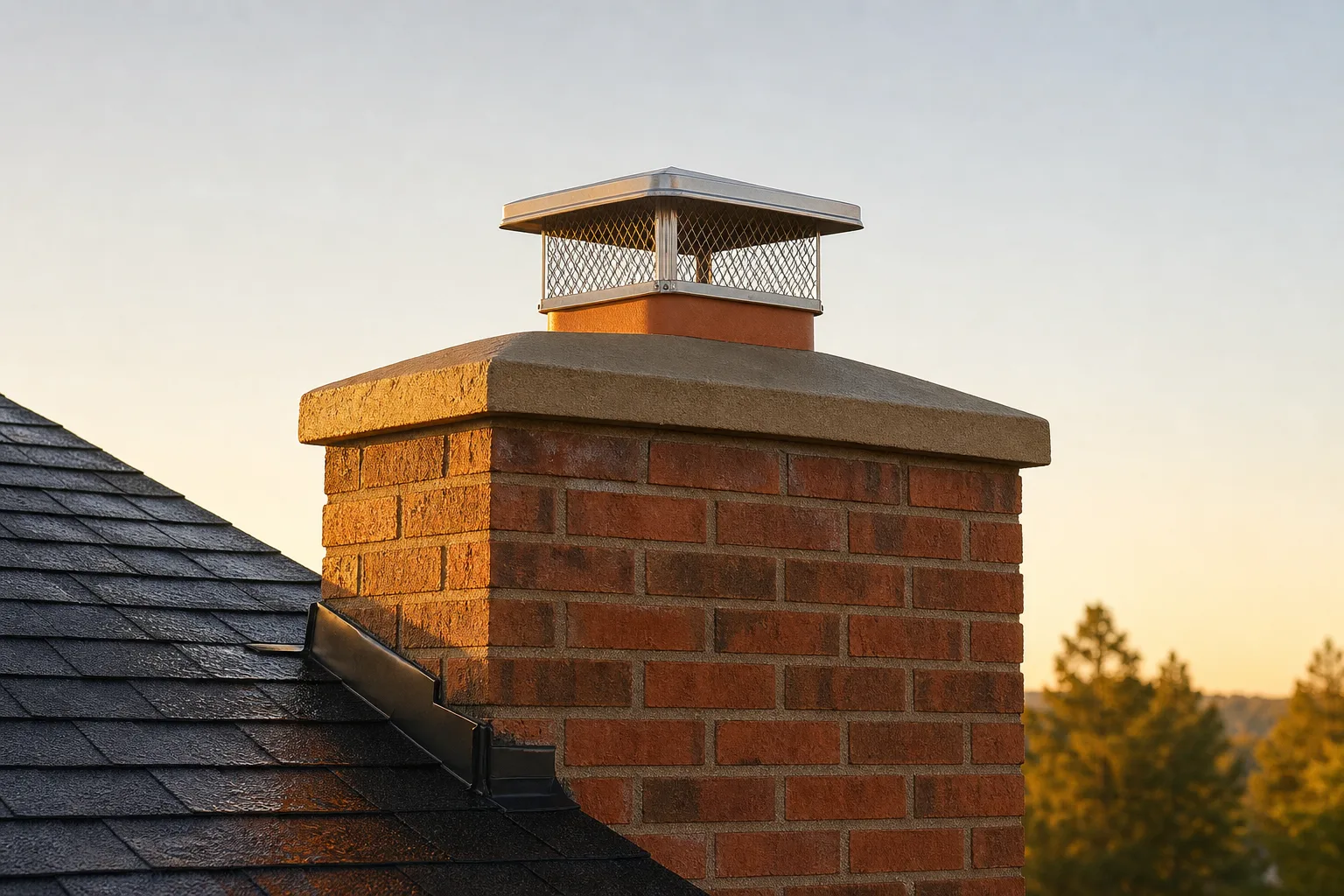 on duty chimney repair at dawn: the same chimney with a sound crown and a new cap after the tarp came off