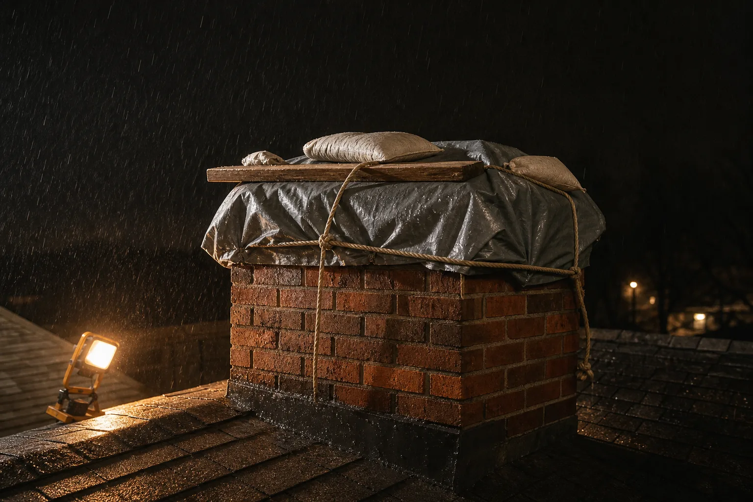 on duty chimney night stabilization: a tarp lashed and sandbagged over a storm-damaged chimney crown