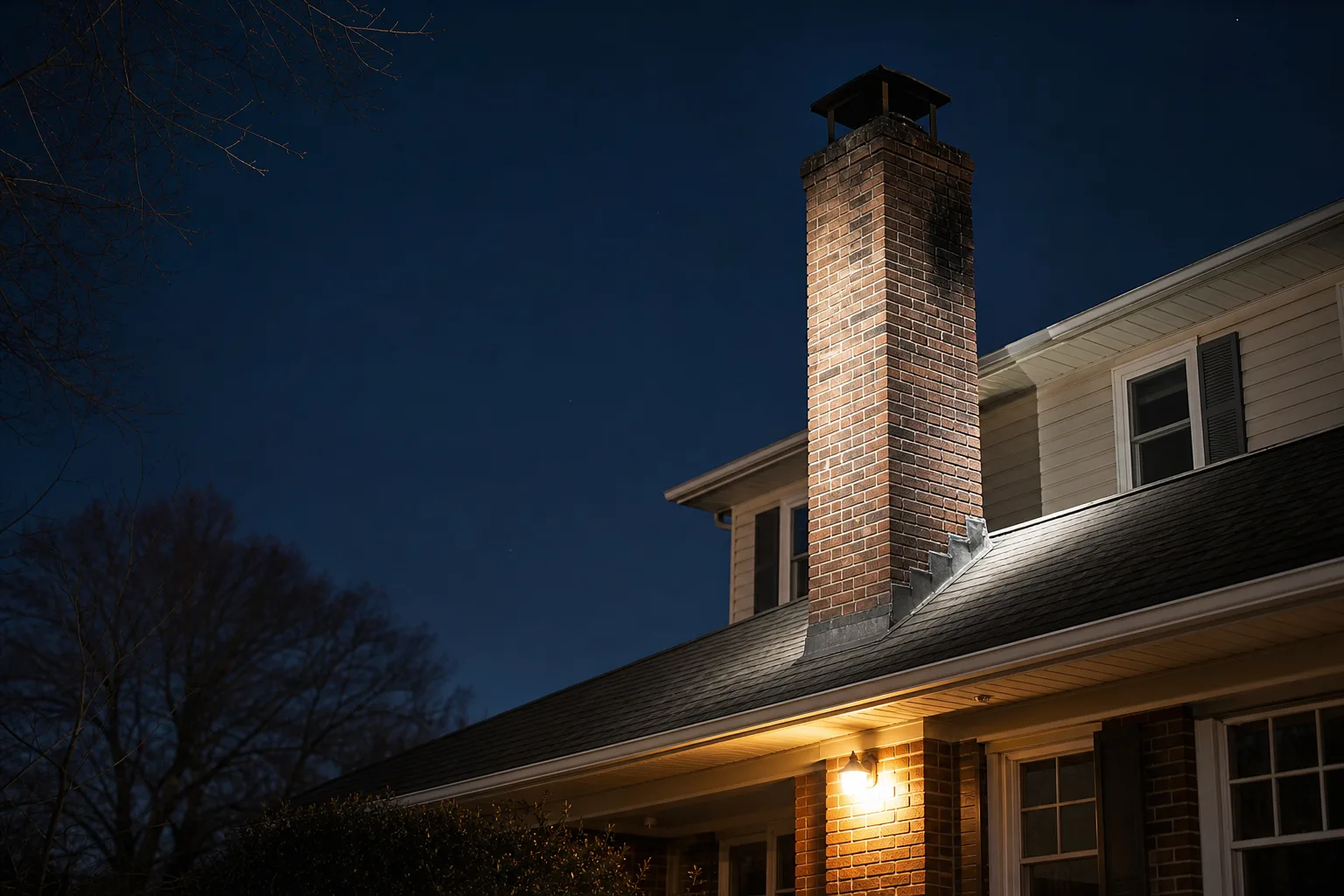 on duty chimney stack lit by a headlamp at night above a two-story house roofline