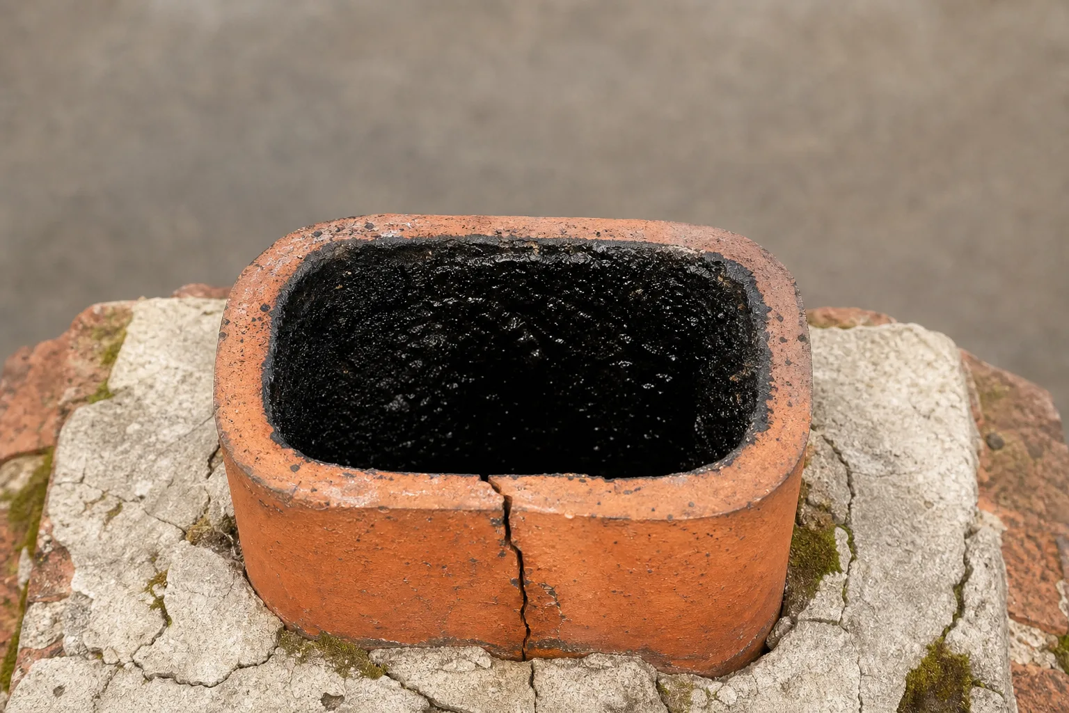 on duty chimney inspection detail: cracked clay flue tile and glossy black glazed creosote inside the flue