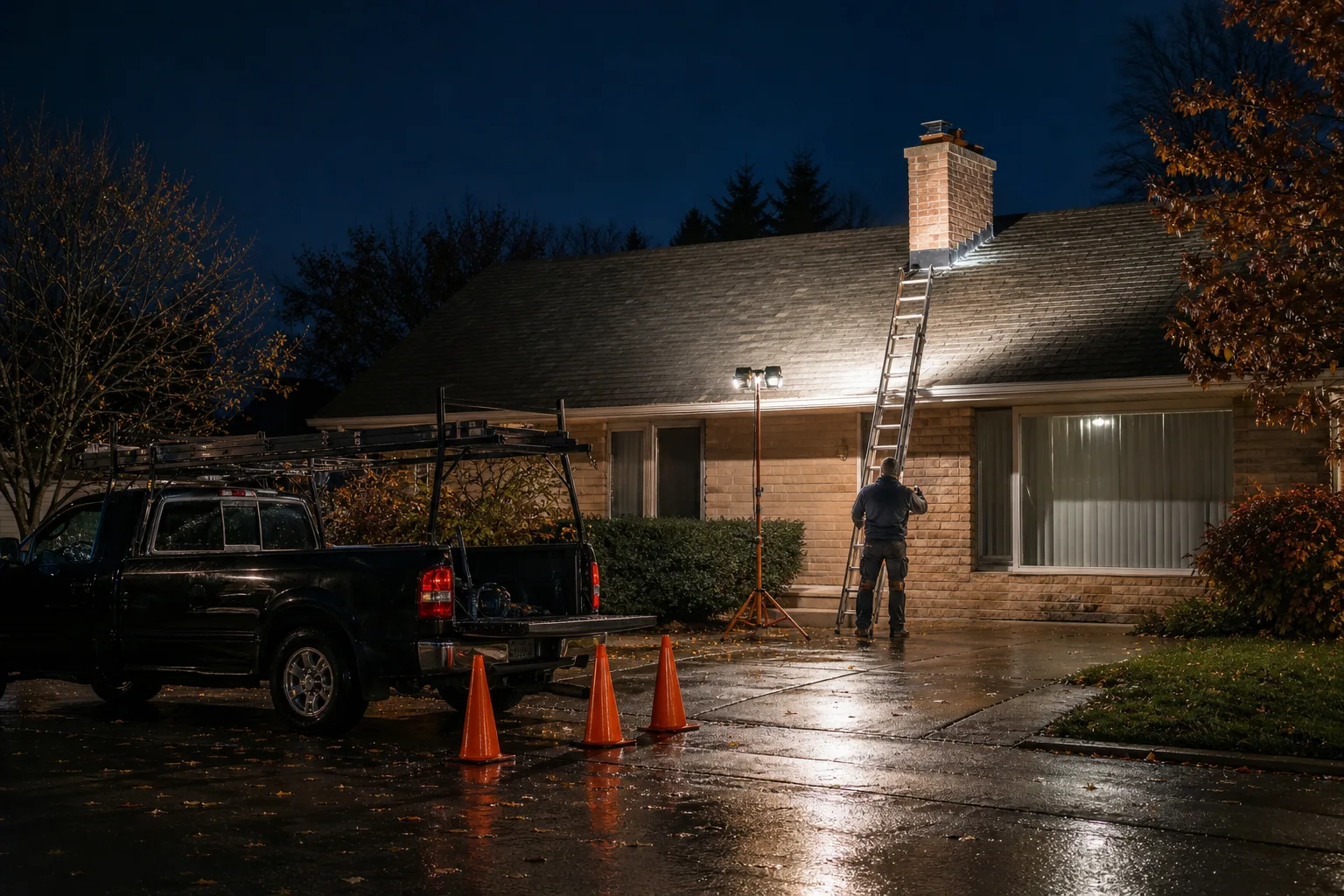 on duty chimney service truck at night with a ladder and work light aimed at the roof