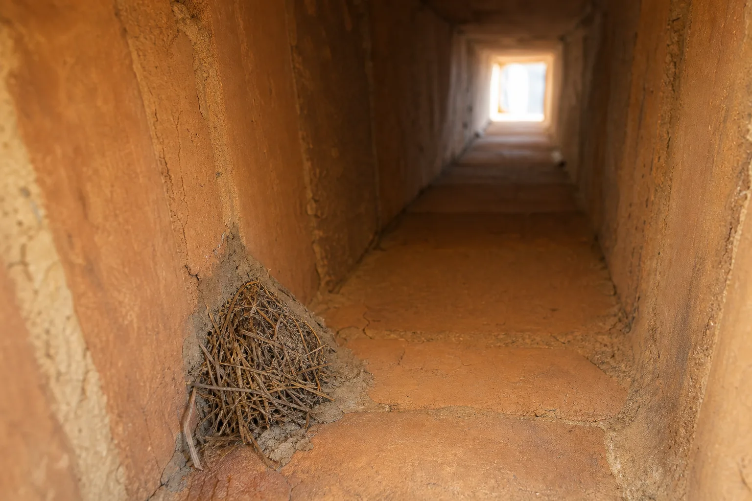 Bird removal from chimney near me: a small twig nest attached to the inside wall of a clay tile flue
