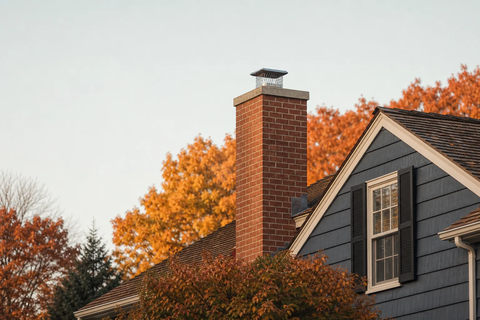 Bird removal from chimney near me: a capped brick chimney on a house surrounded by autumn foliage