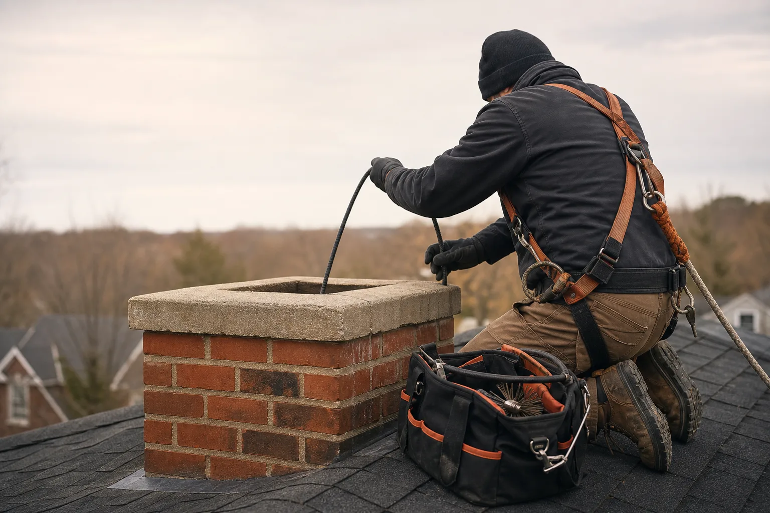 Bird removal from chimney near me: a technician lowering an inspection camera into a chimney flue