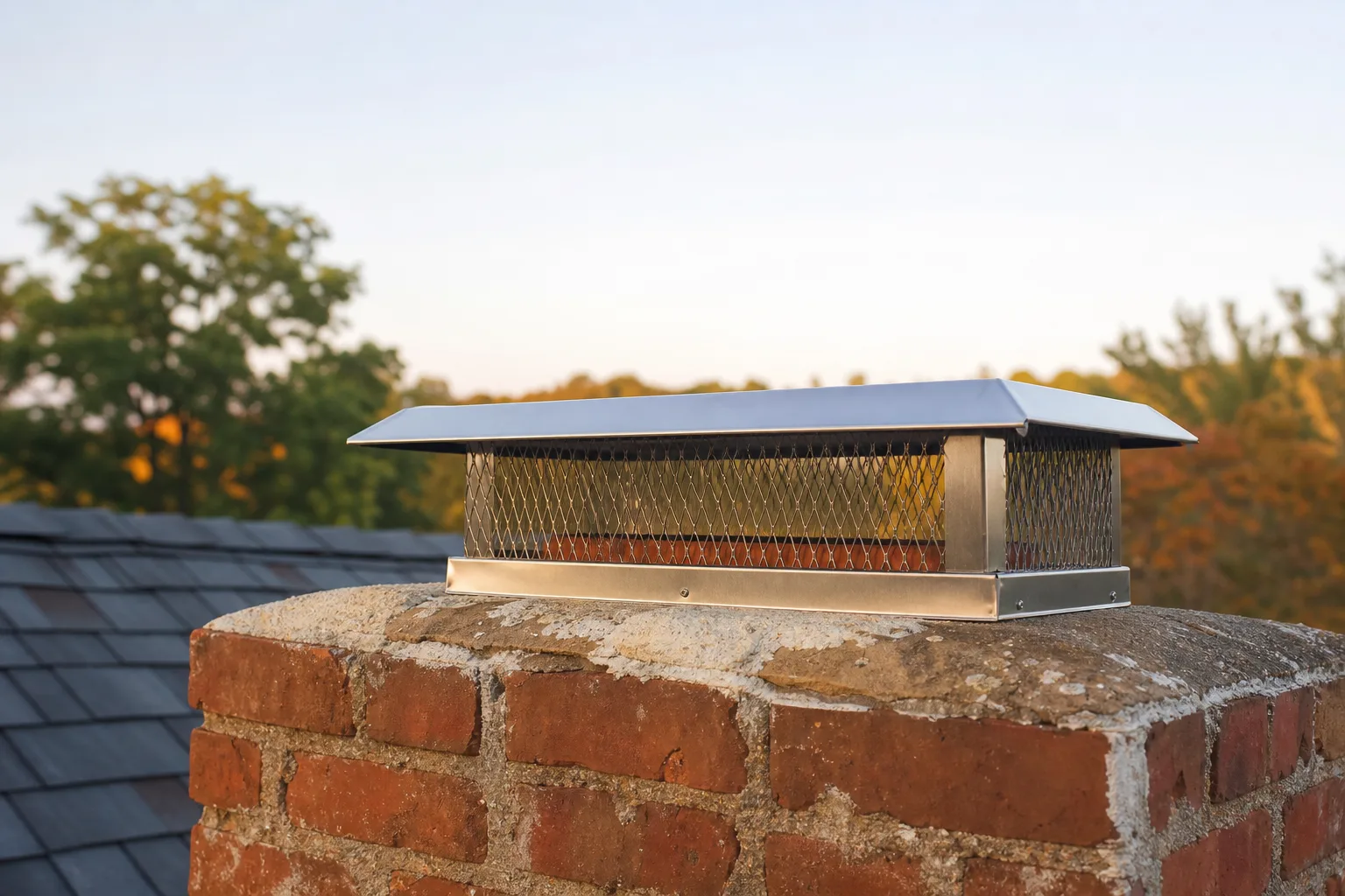 Bird removal from chimney near me: a stainless steel mesh chimney cap installed on a brick crown