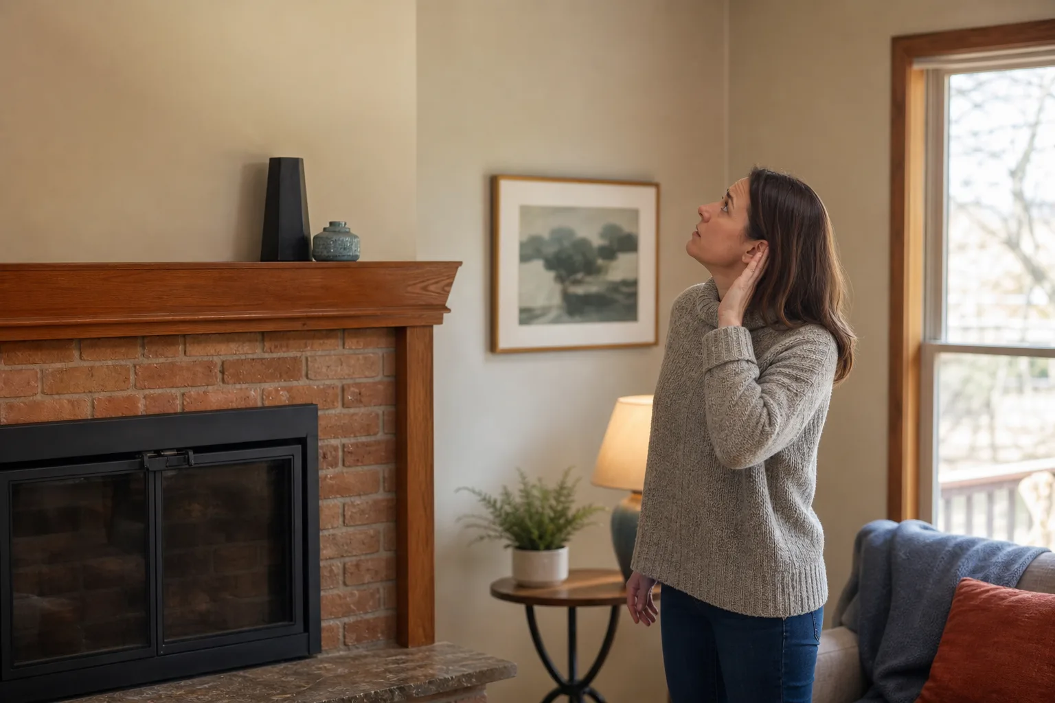 Bird removal from chimney near me: a homeowner listening to noise coming from a closed fireplace flue
