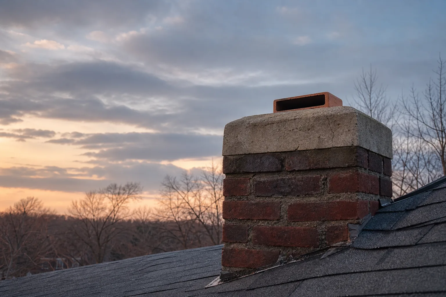 raccoon in chimney entry point, an uncapped clay flue tile open at the chimney crown