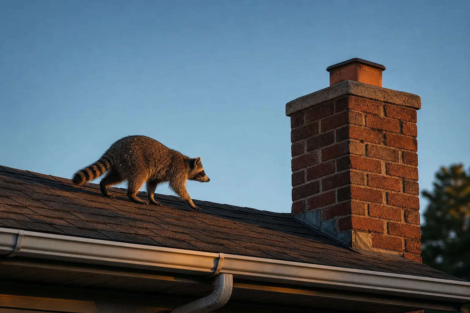 raccoon in chimney season, a raccoon crossing a residential roof ridge toward a brick chimney at dusk