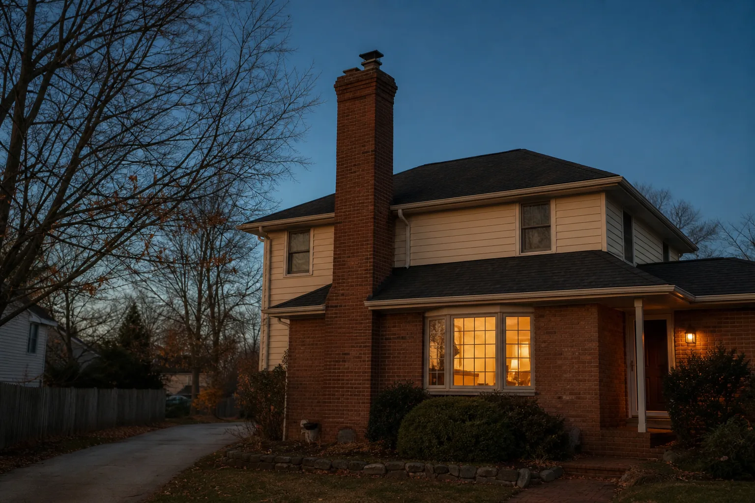 raccoon in chimney noises at night, a suburban brick chimney silhouetted against a dusk sky