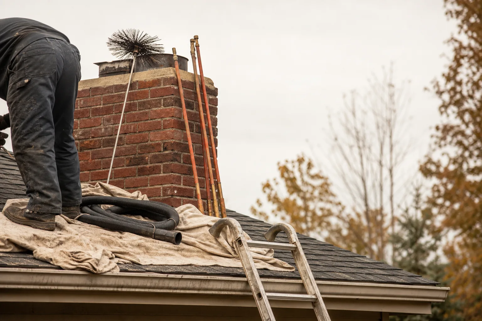 raccoon in chimney cleanup, chimney sweeping equipment staged on a residential roof beside the flue