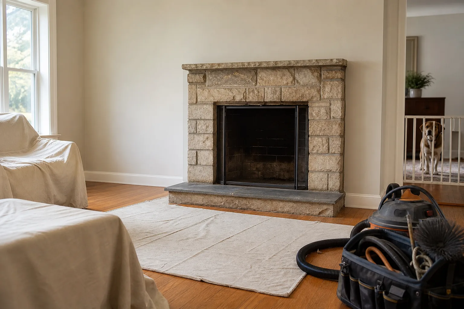 Cleared fireplace work area with cool ashes, covered furniture, and open access