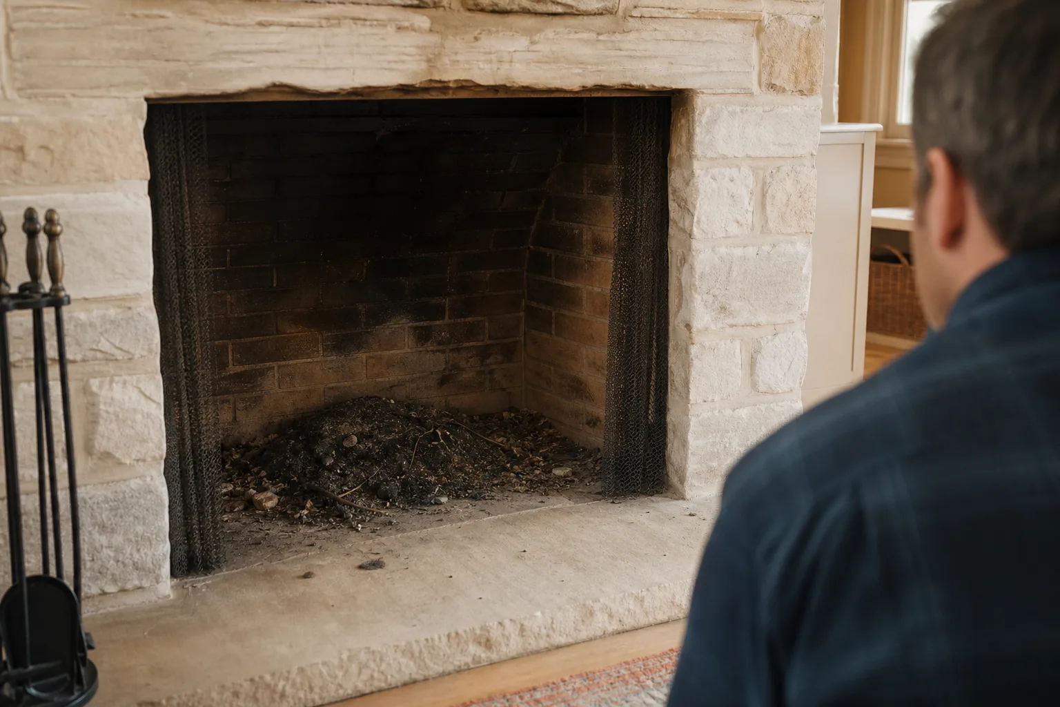 Dark soot flakes and nesting debris collected inside a masonry firebox