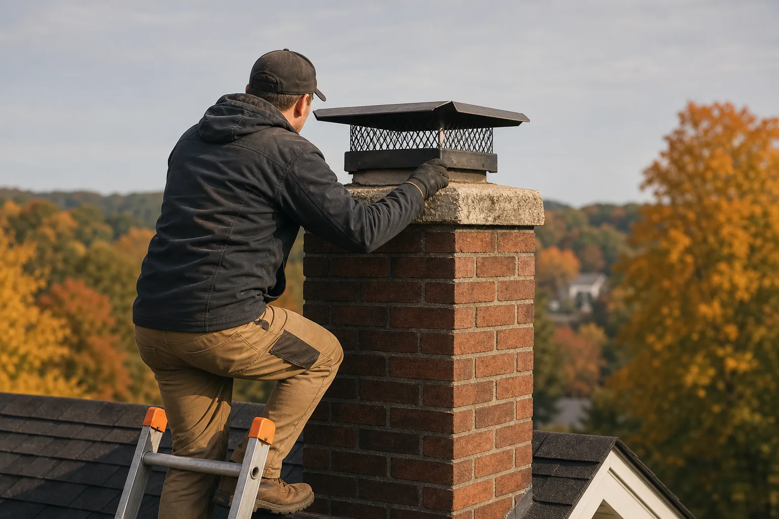 Technician inspecting a chimney cap on an American home before heating season