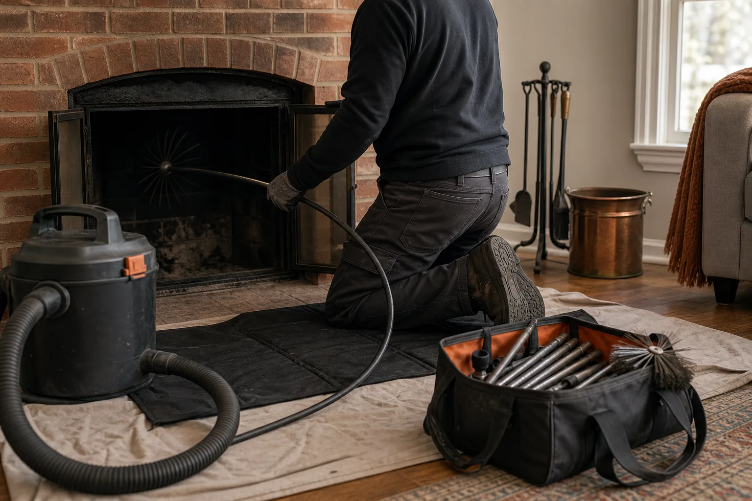 Chimney sweep operating rotary rods and a soot vacuum at a fireplace