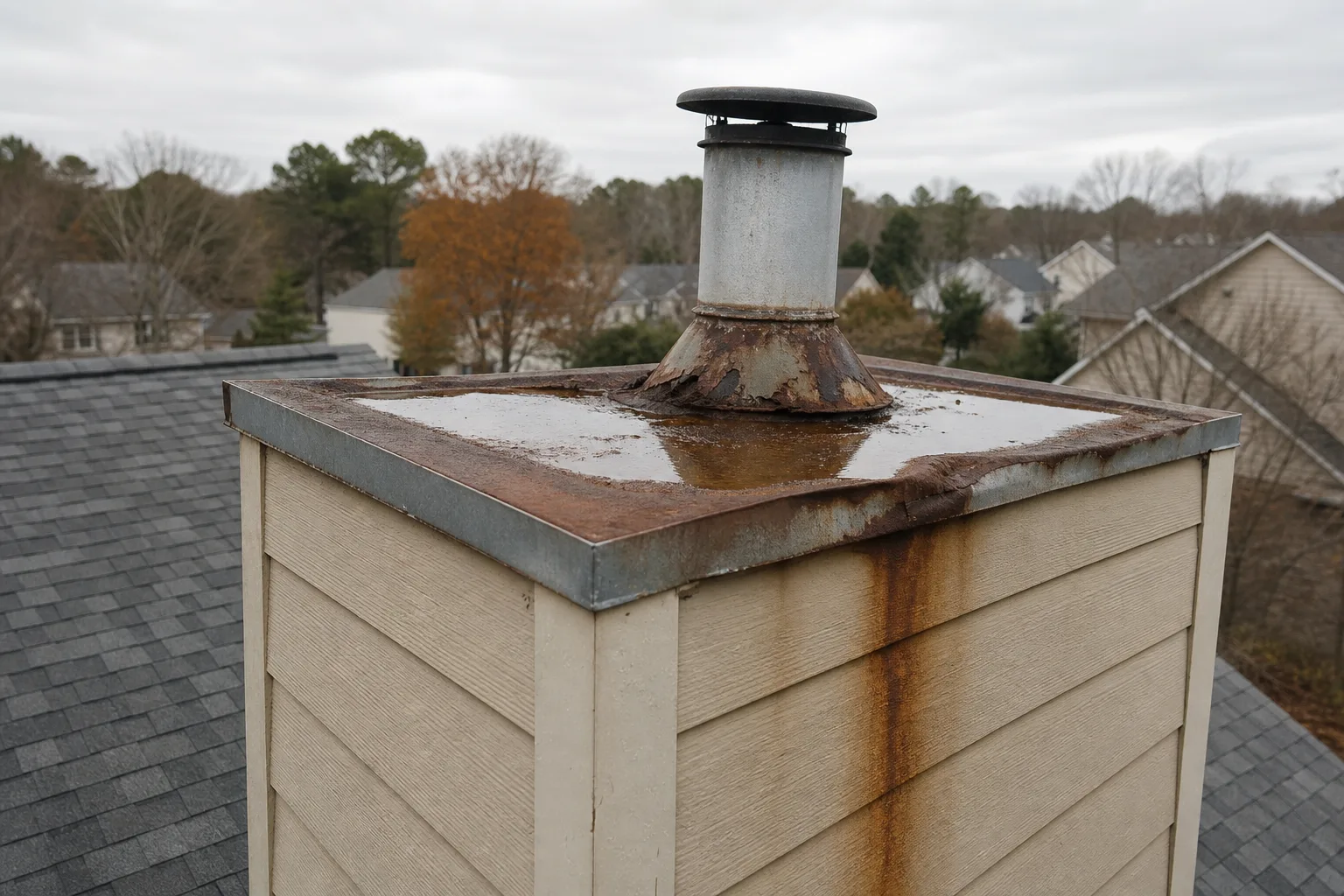 Chimney sweep Alpharetta finding: rusted galvanized chase cover holding water with a rust streak down the siding