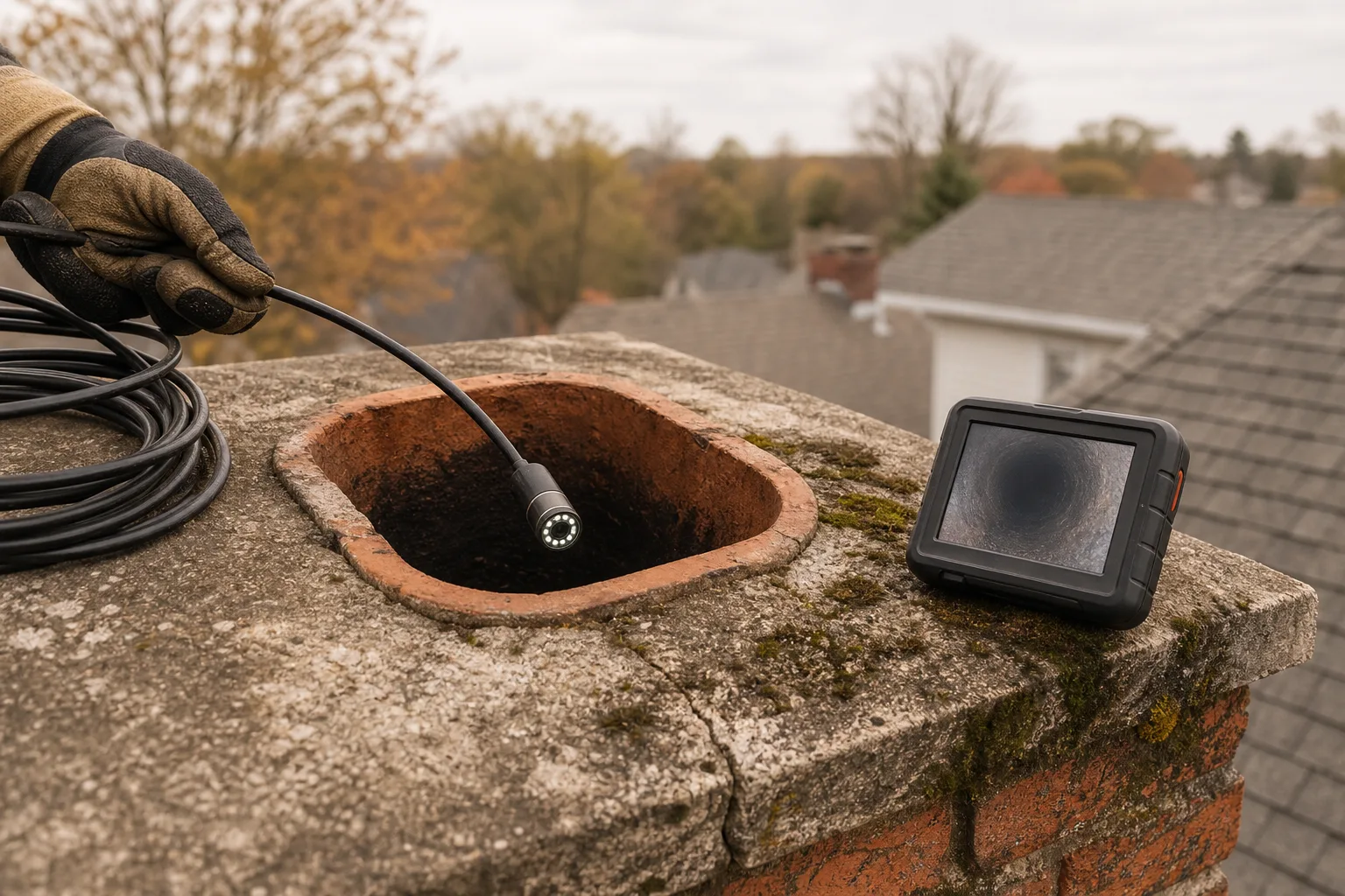 Chimney sweep Alpharetta inspection camera being lowered into a clay flue liner for a Level 2 inspection