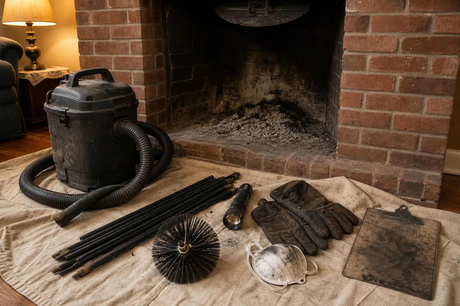 Chimney sweep Alpharetta tools laid out on drop cloths at a brick fireplace before the appointment
